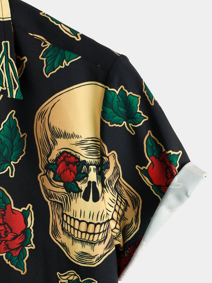 Men's Gold Skull Rose Print Short Sleeve Shirt