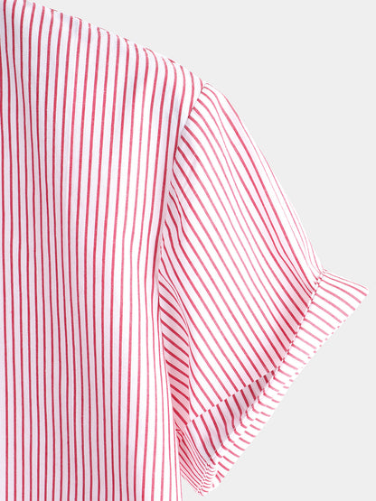 Men's Cotton Striped Stand Collar Short Sleeve Shirt