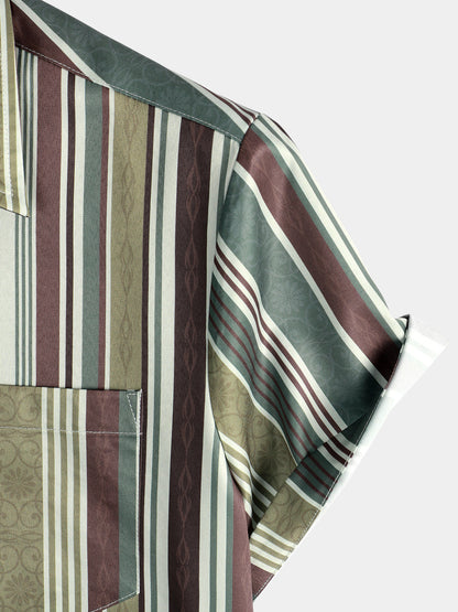 Men's Vintage Green And Brown Vertical Striped Button Up Pocket Short Sleeve Shirt