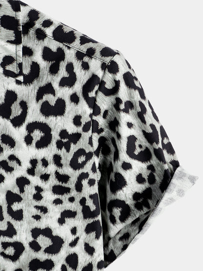 Men's Cotton Casual White Leopard Animal Print Cheetah Rock Button Up Short Sleeve Shirt