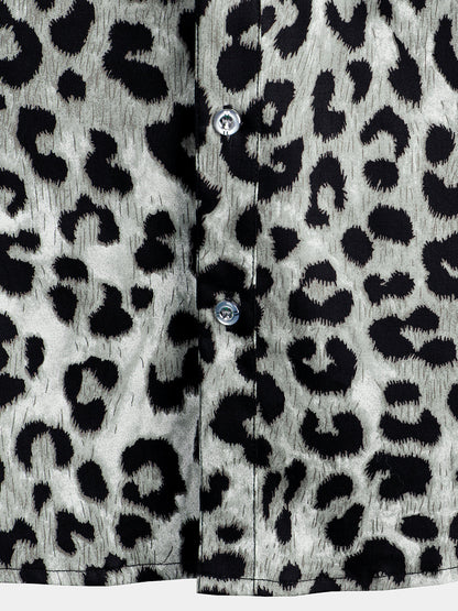 Men's Cotton Casual White Leopard Animal Print Cheetah Rock Button Up Short Sleeve Shirt