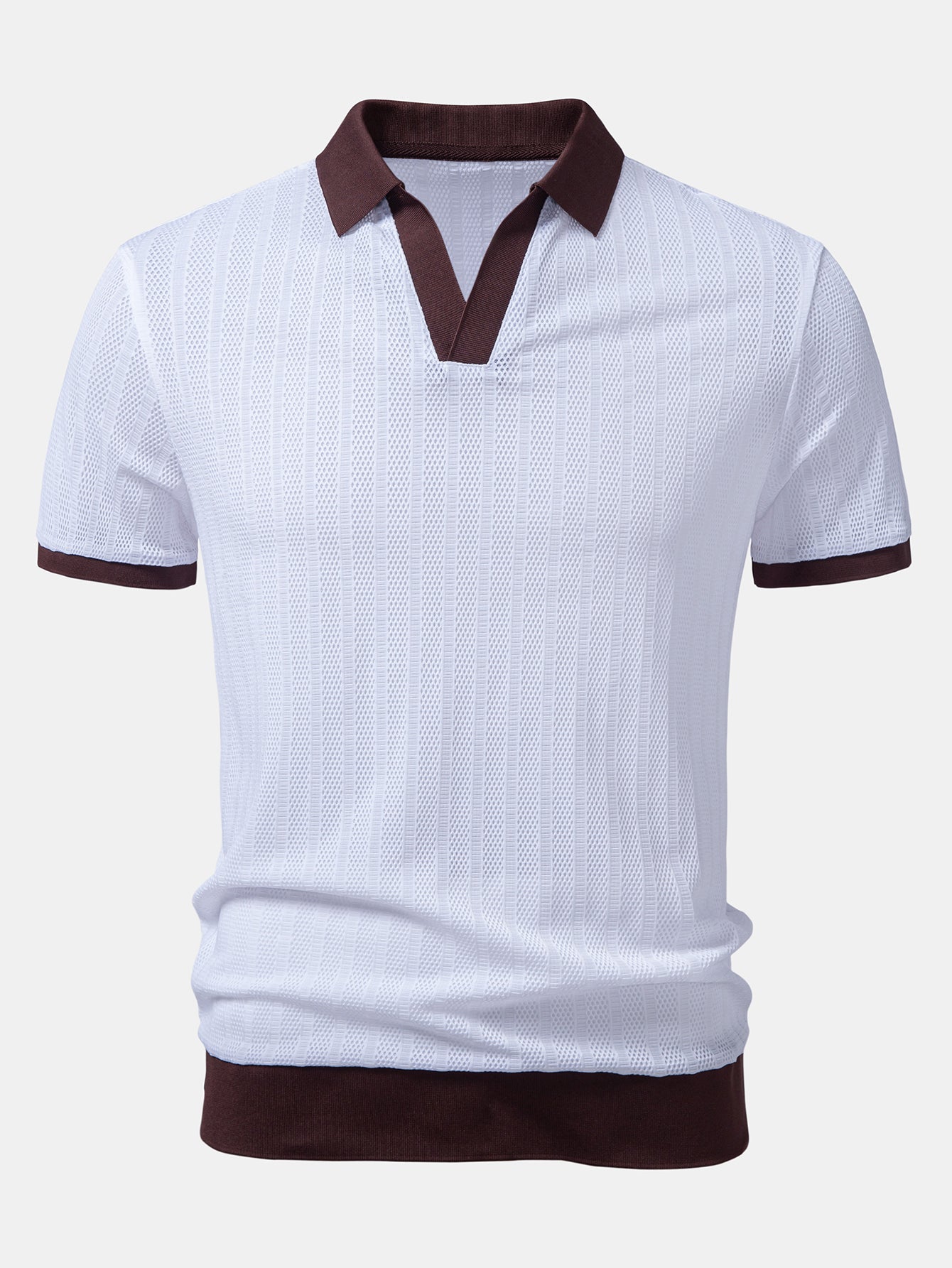 Striped Textured Johnny Collar Open Knit Polo