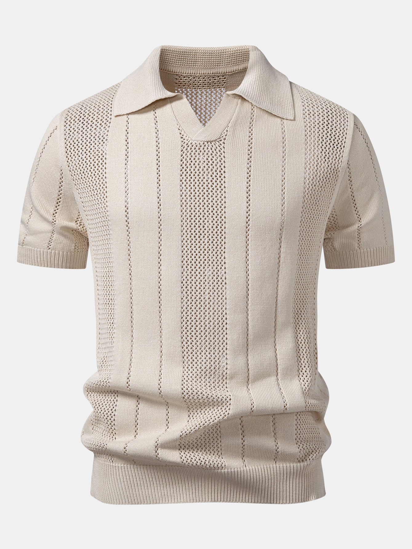 Johnny Collar Striped Open Knit Polo