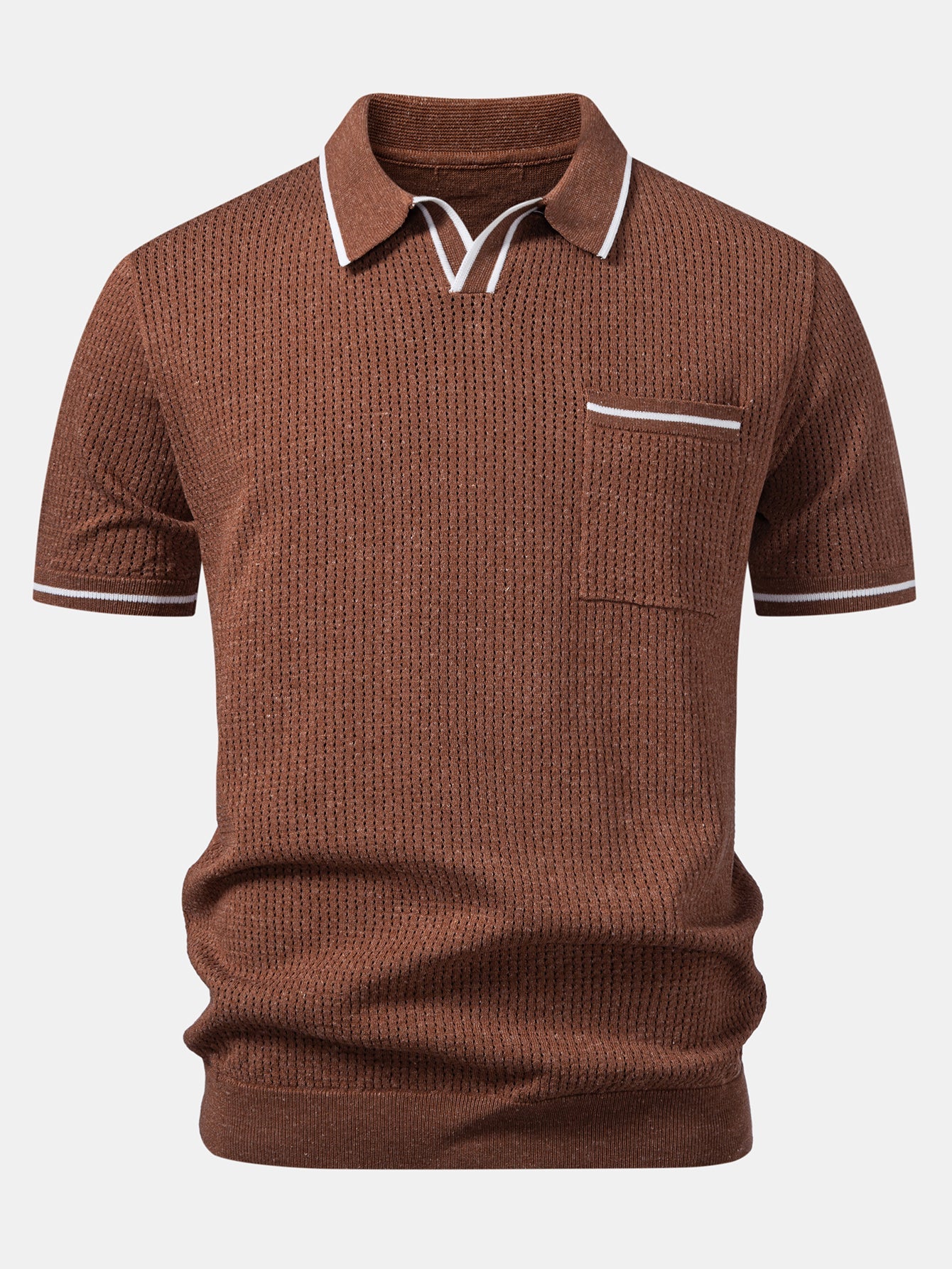 Contrast Stripe Trim Pocket Johnny Collar Knit Polo