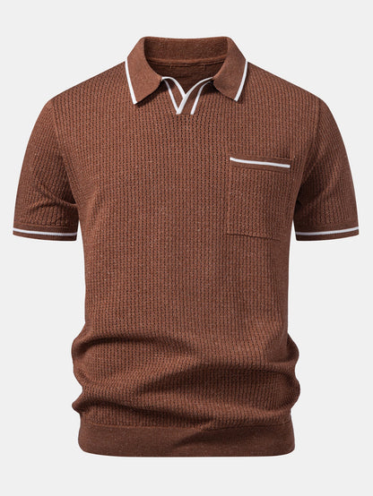 Contrast Stripe Trim Pocket Johnny Collar Knit Polo