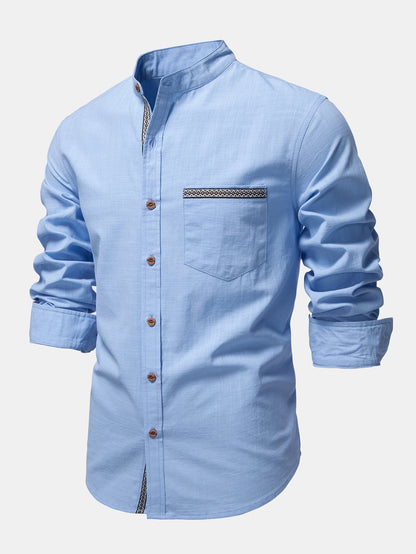 Contrast Trim Linen Look Stand Collar Shirt