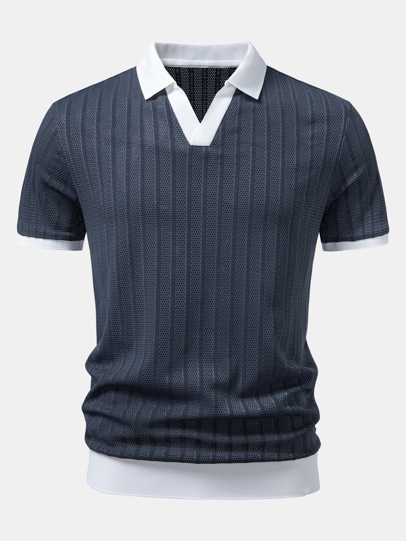 Striped Textured Johnny Collar Open Knit Polo