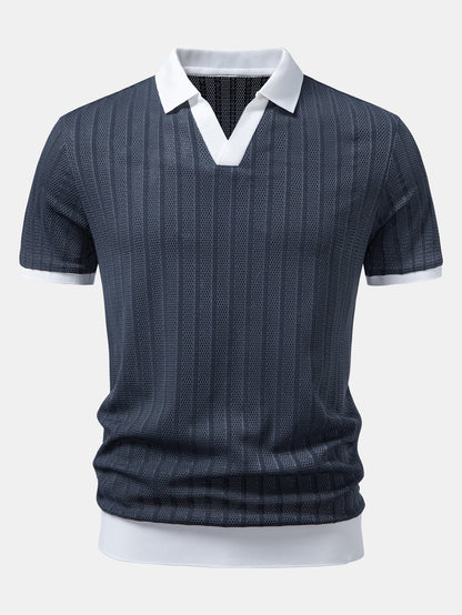 Striped Textured Johnny Collar Open Knit Polo