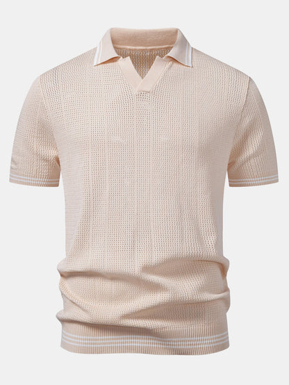 Contrast Johnny Collar Open Knit Polo