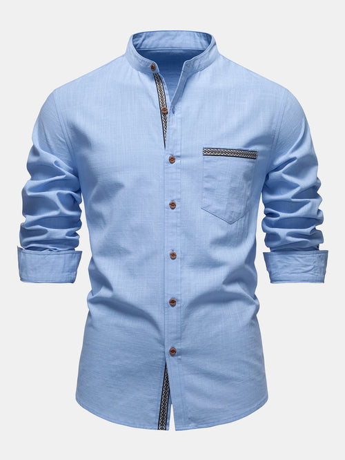 Contrast Trim Linen Look Stand Collar Shirt