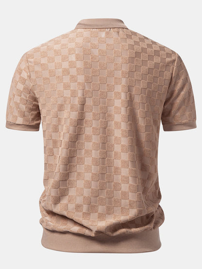 Checkerboard V-Neck Knit Polo