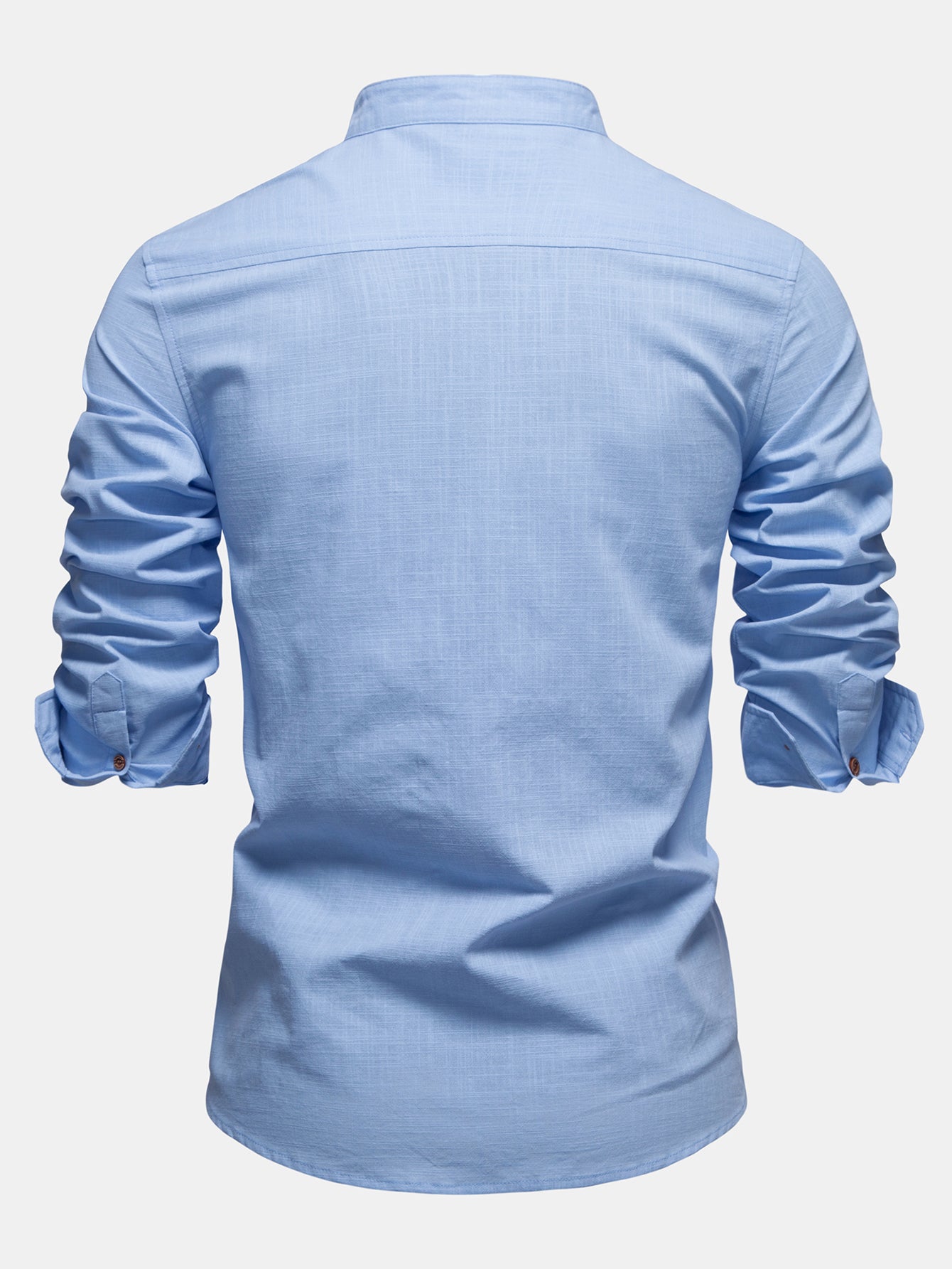 Contrast Trim Linen Look Stand Collar Shirt