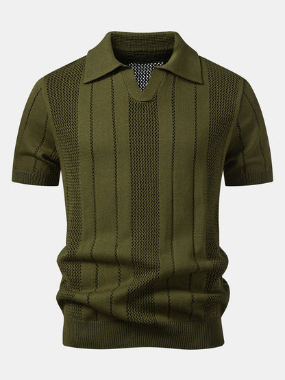 Johnny Collar Striped Open Knit Polo