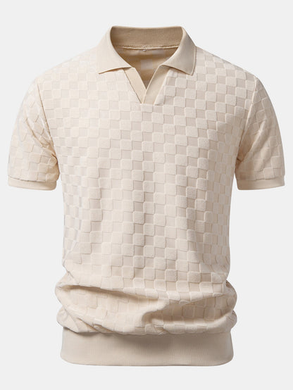 Checkerboard V-Neck Knit Polo