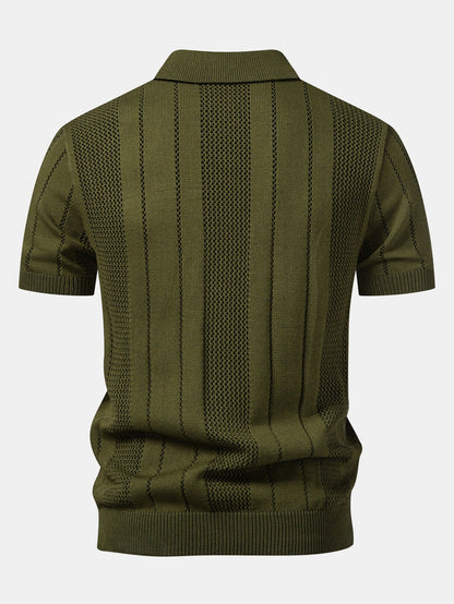 Johnny Collar Striped Open Knit Polo