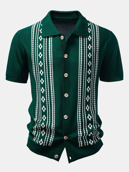 Geometric Floral Jacquard Button Up Knit Shirt