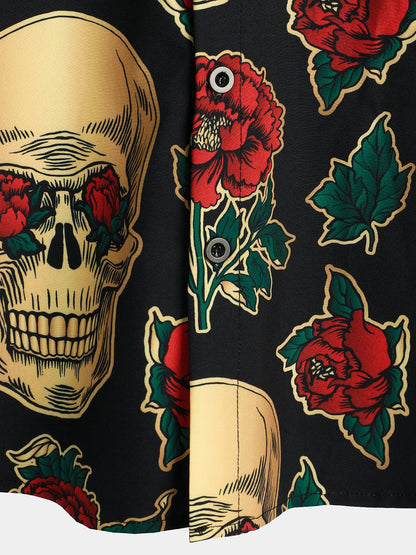 Men's Gold Skull Rose Print Short Sleeve Shirt