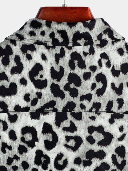 Men's Cotton Casual White Leopard Animal Print Cheetah Rock Button Up Short Sleeve Shirt
