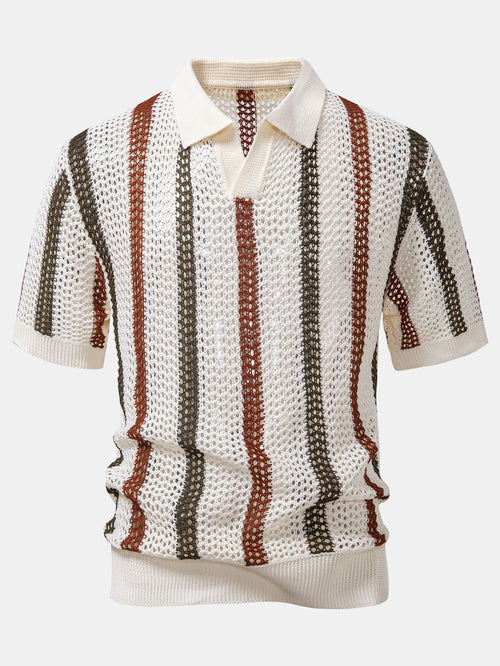 Striped Crochet V Neck Polo