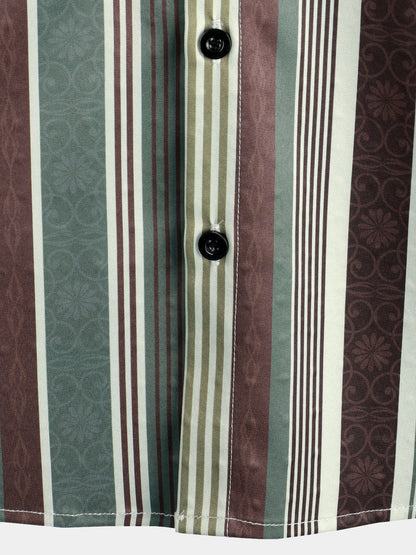 Men's Vintage Green And Brown Vertical Striped Button Up Pocket Short Sleeve Shirt