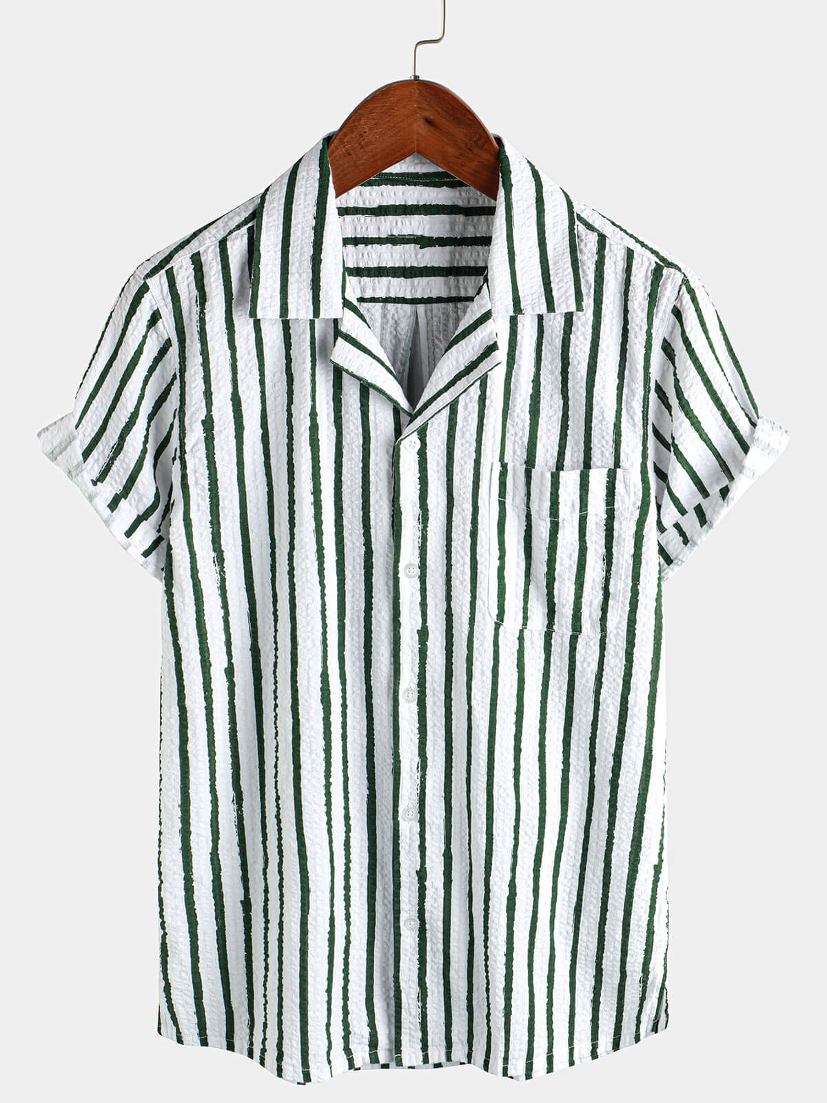 Men's Casual 100% Cotton Striped Pocket Hawaiian Holiday Button Up Short Sleeve Shirt