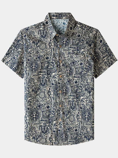Men’s Tribal Pattern Short Sleeve Button Down Breathable Cool Casual Shirt
