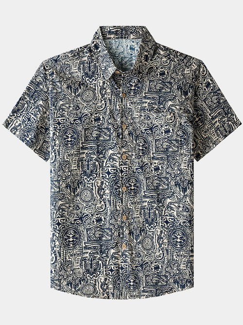 Men’s Tribal Pattern Short Sleeve Button Down Breathable Cool Casual Shirt