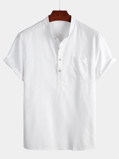 Men's Solid Color Stand Collar Half Button Pocket Front Shirt