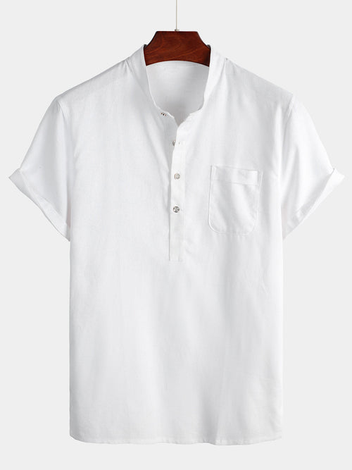 Men's Solid Color Stand Collar Half Button Pocket Front Shirt