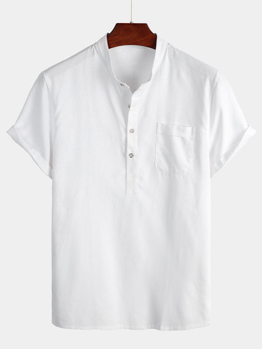Men's Solid Color Stand Collar Half Button Pocket Front Shirt