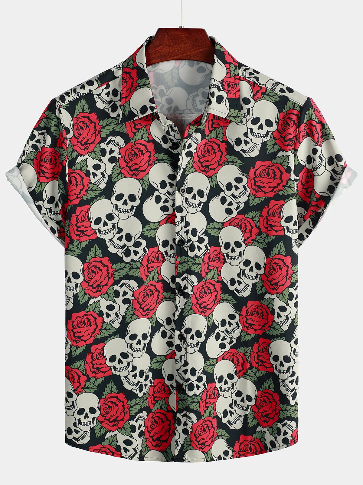 Men's Gold Skull Rose Print Short Sleeve Shirt