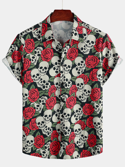 Men's Gold Skull Rose Print Short Sleeve Shirt