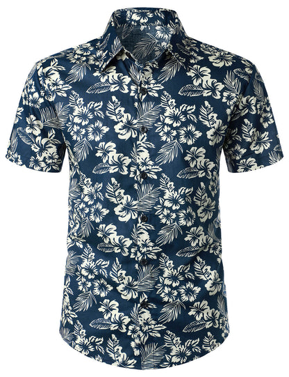 Men's Floral Print Vacation Cotton Breathable Navy Blue Hawaiian Short Sleeve Aloha Shirt