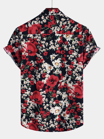 Men's Summer Rose Daisy Flower Print Casual Floral Short Sleeve Shirt