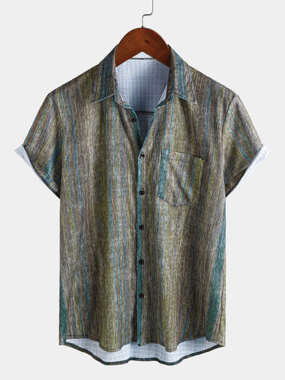 Men’s Vintage Green Striped Hawaiian Button Up Short Sleeve Shirt