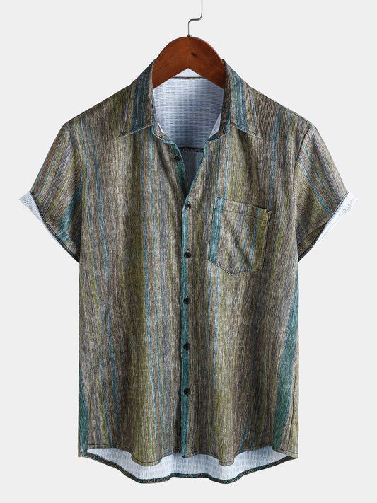 Men’s Vintage Green Striped Hawaiian Button Up Short Sleeve Shirt