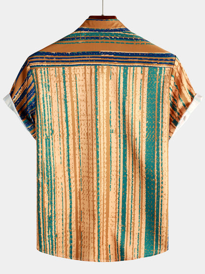 Men's Vintage Yellow And Blue Vertical Striped Button Up Pocket Short Sleeve Shirt