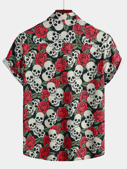 Men's Gold Skull Rose Print Short Sleeve Shirt