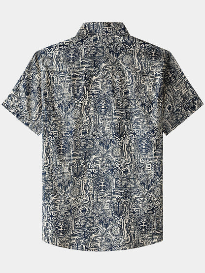 Men’s Tribal Pattern Short Sleeve Button Down Breathable Cool Casual Shirt