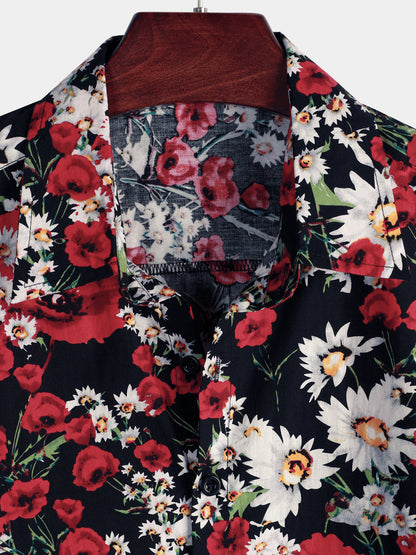 Men's Summer Rose Daisy Flower Print Casual Floral Short Sleeve Shirt