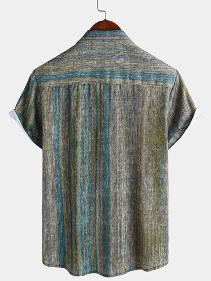 Men’s Vintage Green Striped Hawaiian Button Up Short Sleeve Shirt