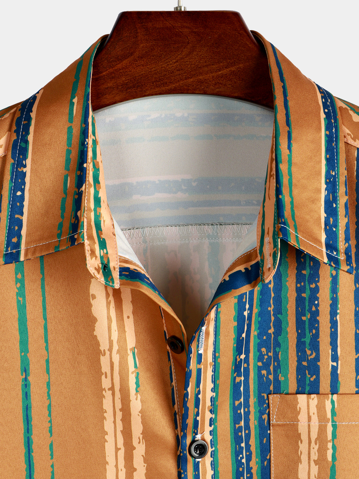 Men's Vintage Yellow And Blue Vertical Striped Button Up Pocket Short Sleeve Shirt
