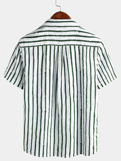 Men's Casual 100% Cotton Striped Pocket Hawaiian Holiday Button Up Short Sleeve Shirt