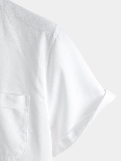 Men's Solid Color Stand Collar Half Button Pocket Front Shirt