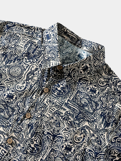 Men’s Tribal Pattern Short Sleeve Button Down Breathable Cool Casual Shirt