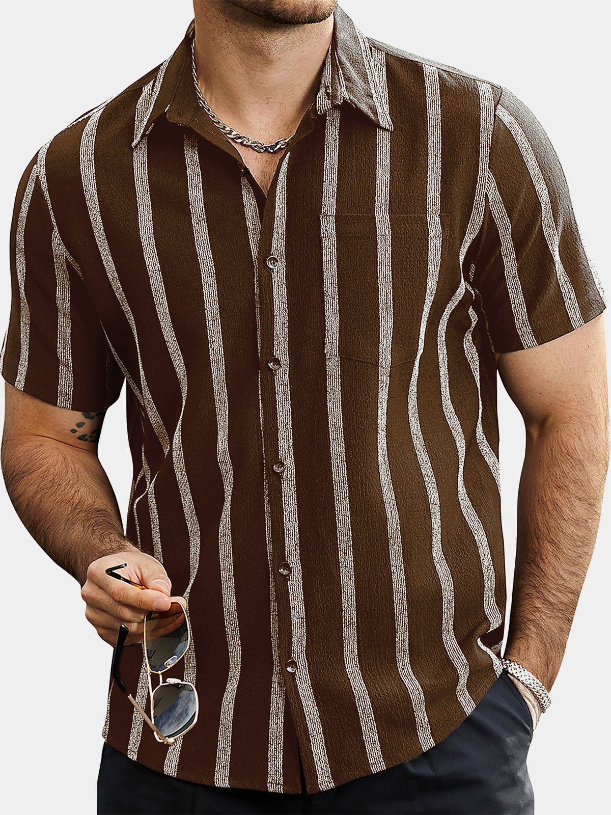 Men's Summer Striped Pocket Button Up Short Sleeve Hawaiian Shirt