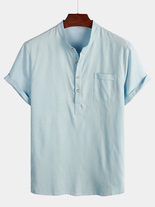 Men's Solid Color Stand Collar Half Button Pocket Front Shirt