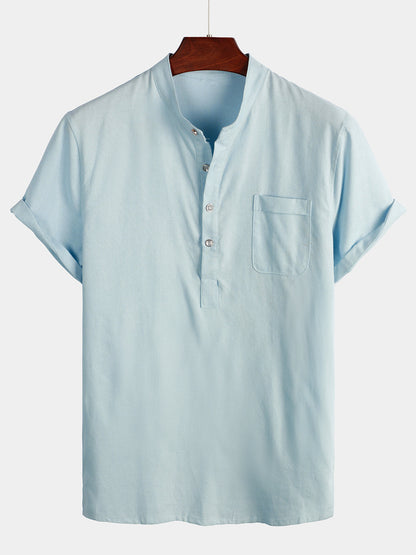 Men's Solid Color Stand Collar Half Button Pocket Front Shirt
