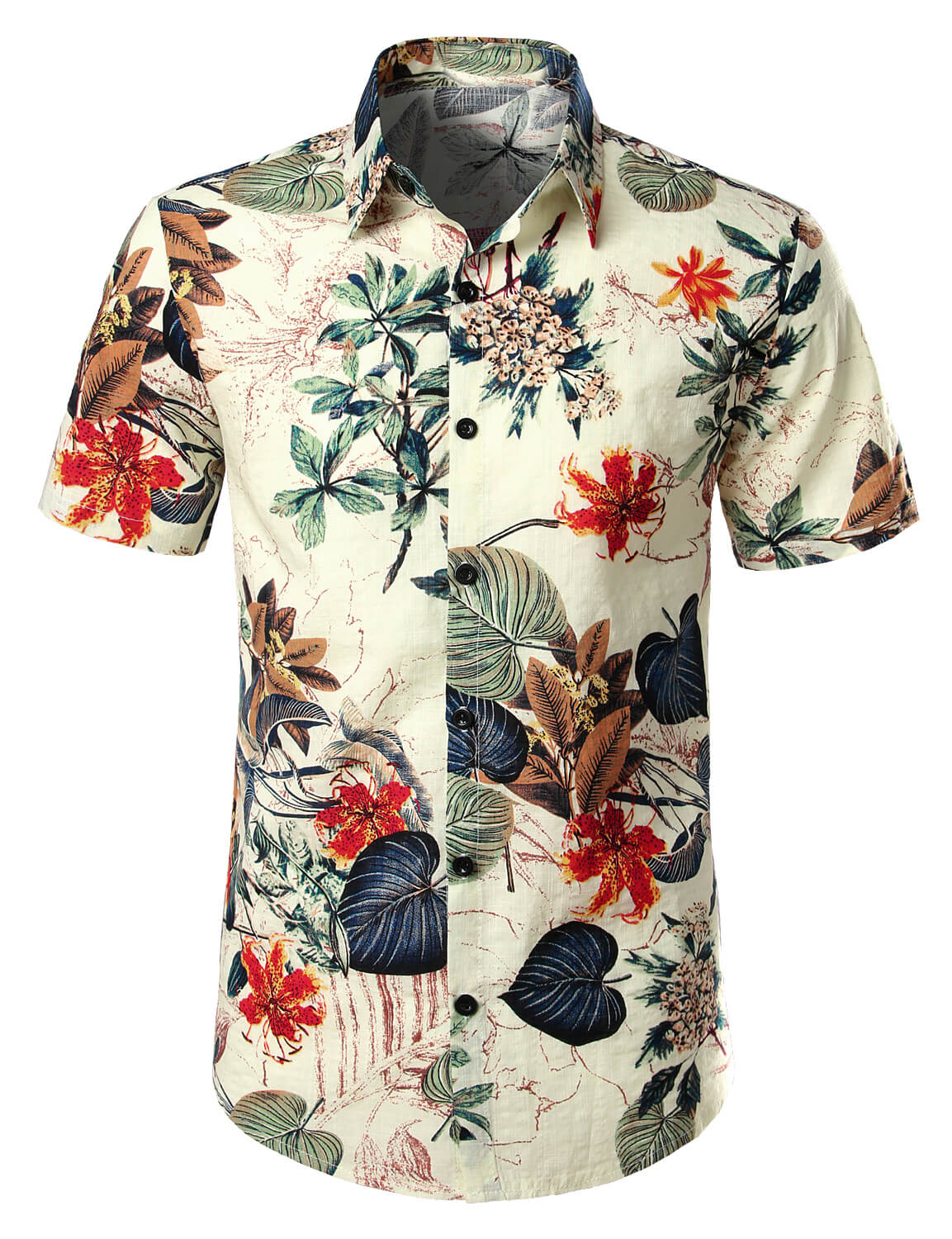 Men's Flower Cotton Tropical Floral Summer Button Up Hawaiian Shirt