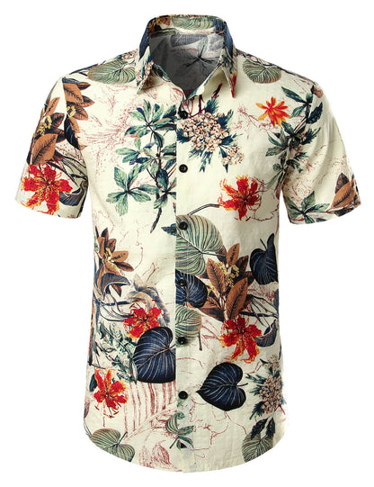 Men's Flower Cotton Tropical Floral Summer Button Up Hawaiian Shirt